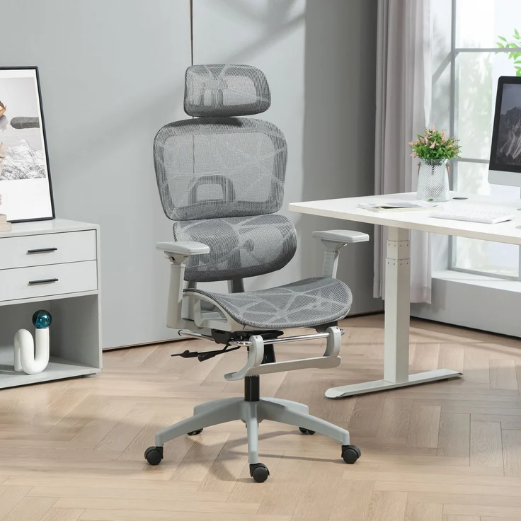 MELAYR, Bürostuhl, Ergonomischer Schreibtischstuhl mit Netzstoffbezug, verstellbar, rollbar, 66 x 64 x 122 cm, Grau – Bild 4