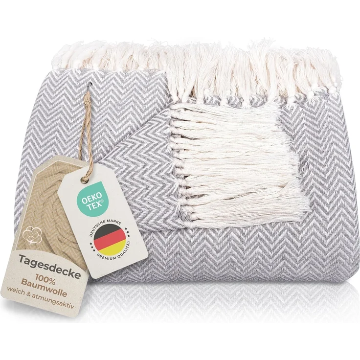 Gräfenstayn Tagesdecke mit Fransen aus 100% Baumwolle – Baumwolldecke mit Fischgrätenmuster, Wohndecke als Sofa-Überwurf, Bett-Überwurf, Couch-Überwurf, Sofa-Decke