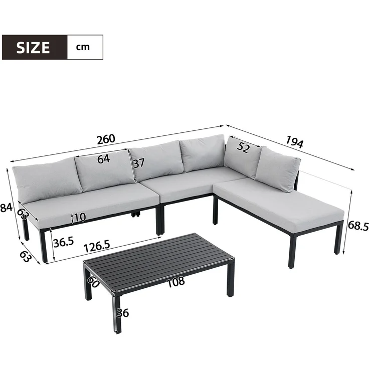 Merax 6-Sitzer Gartenmöbel-Set, Garten-Loungesessel-Set mit verzinktem Eisenrahmen, verstellbare Beine, abnehmbare Rückenlehne, grau – Bild 4