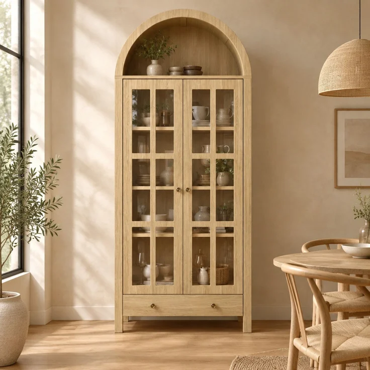 Vitrine 75x35x170,5 cm mit Bogenfach, Acryl-Türen und Schublade, naturfarben – Bild 1