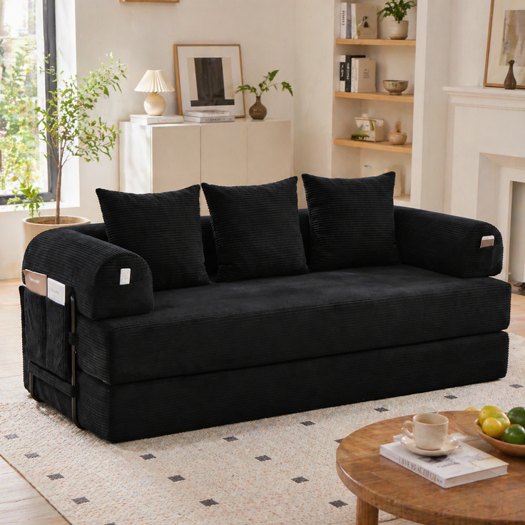 ZUBALIYA Ecksofa 94x67 cm, mit Leiter, mit Cordbezug, mit breiten Armlehnen, modular aufgebaut, mit Schaumstoffpolsterung, Schwarz