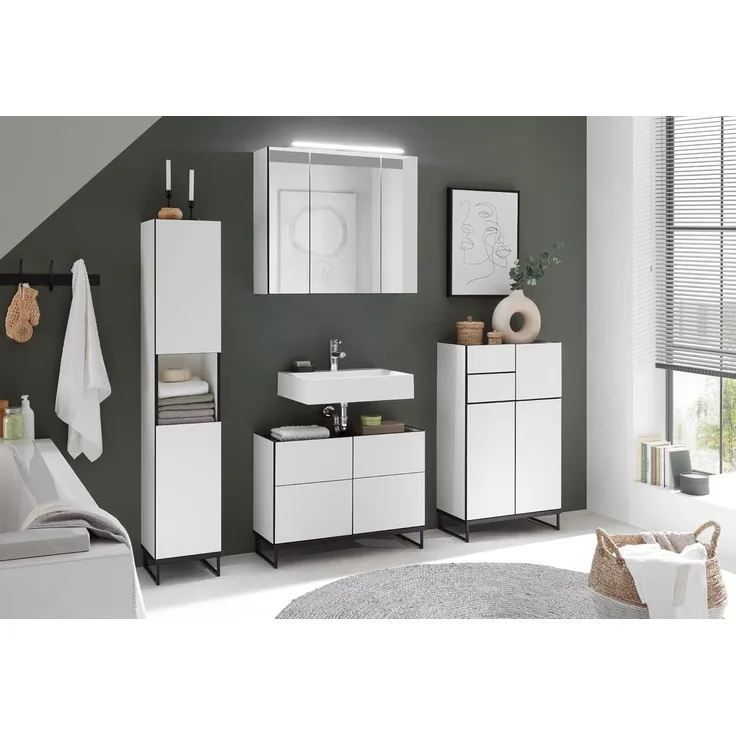 moebel-dich-auf Badmöbel-Set VEGAS, (Set 1, 4-St, Hochschrank, Spiegelschrank, Wbu, Highboard), Weiß matt, Absetzung: Schwarz