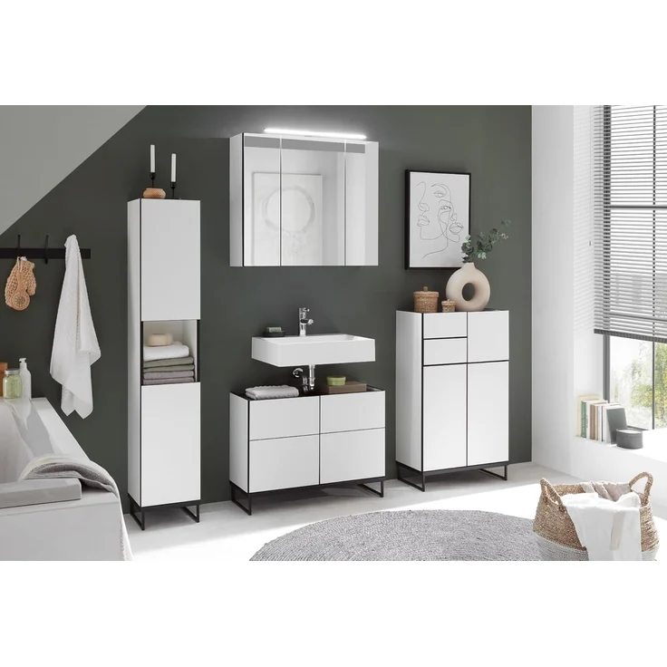 moebel-dich-auf Badmöbel-Set VEGAS, (Set 1, 4-St, Hochschrank, Spiegelschrank, Wbu, Highboard), Weiß matt, Absetzung: Schwarz