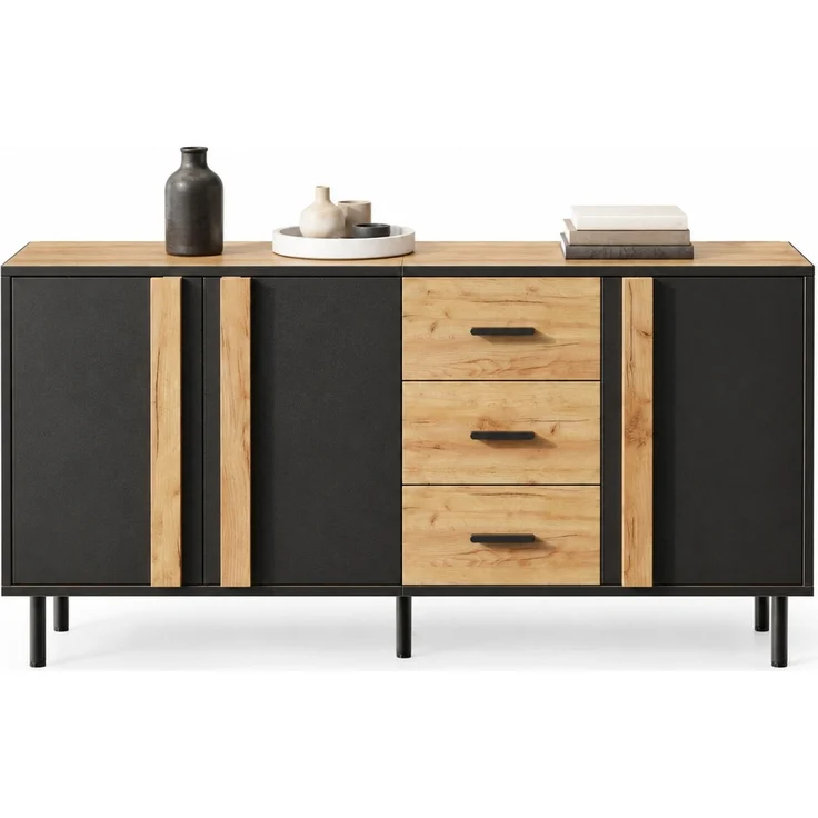 DESVIAE Sideboard Schwarz/Holzoptik aus MDF – 140x70x35 cm – 3 Türen, 3 Schubladen – Bild 7