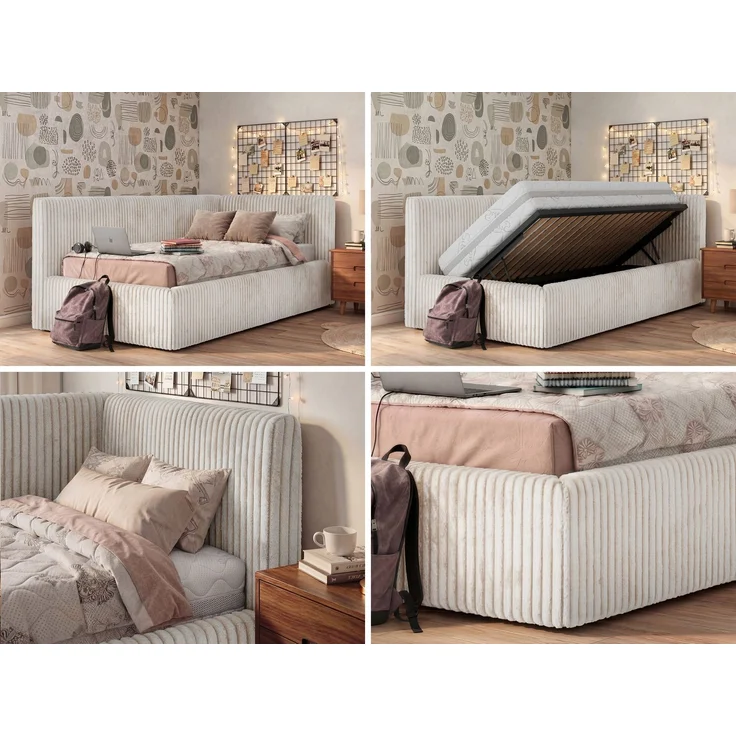 Jugendbett 90x200 cm TILVO mit Bettkasten, Polsterbett, Jugendzimmer, Lattenrost und gepolstertem Kopfteil, Multipocket Matratze - Beige Cord - Rechts - ELORI LUX – Bild 2