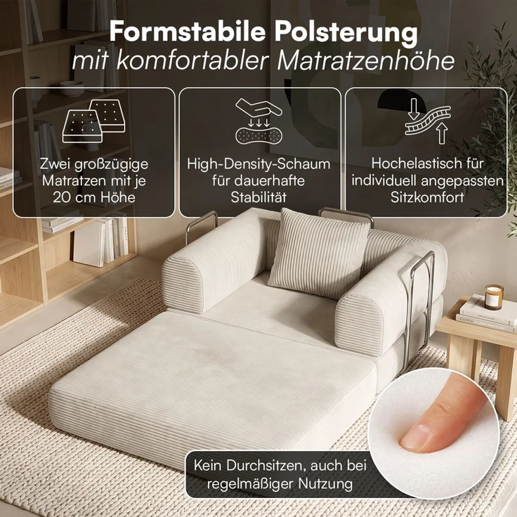 skølm 'Lofn' Modularer Sessel 1 Sitzer, 115x100 cm, Vollschaumcouch mit Metallgestell, Cord beige, Schlafsessel vakuumverpackt, kein Aufbau erforderlich – Bild 2