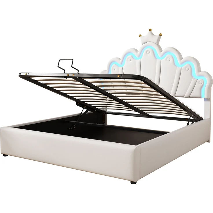 Prinzessinnenbett 140x200 cm, gepolstertes Bett mit LED-Beleuchtung und hydraulischem Stauraum, Kunstleder Weiß,mit Wolkenkopfteil und Krone – Bild 10