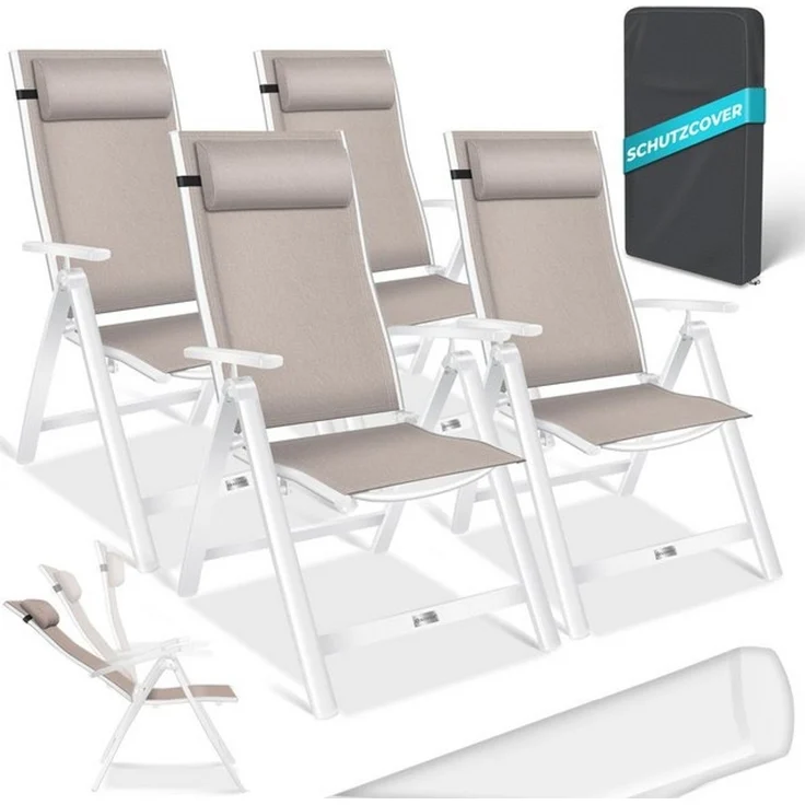 KESSER® Gartenstuhl Hochlehner mit Armlehnen, Aluminium Klappstuhl inkl. Kopfkissen Campingstuhl 7-Fach Verstellbar Rückenlehne, Atmungsaktiv & Wetterfest, Klappbar & Anti-Rutsch 4 Stück, Taupe, 67cm x 58cm x 114cm – Bild 1