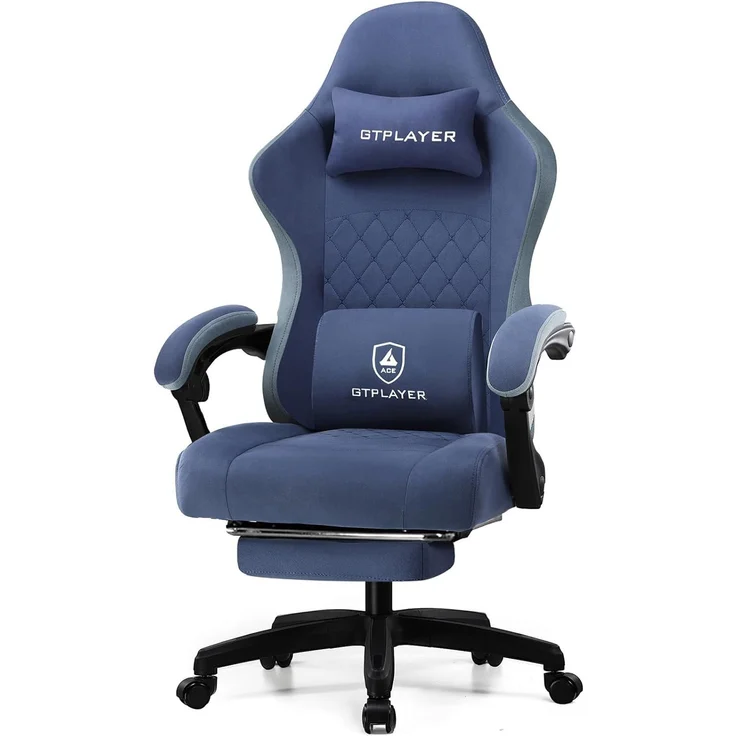 GTPLAYER Gaming Stuhl Ergonomischer Gaming Sessel Schreibtischstuhl mit Stoffoberfläche, Federsitzkissen, Verbindungsarmlehnen und Fußstütze blau