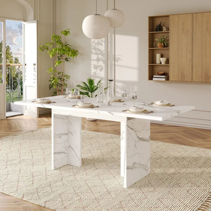 Merax Ausziehbarer Esstisch, 140/180*80 cm, geeignet für 6-8 Personen, rechteckige Form, verdickte Tischplatte, einfachen Stil,Tisch für Esszimmer, Küche, Wohnzimmer, Weißer Marmor