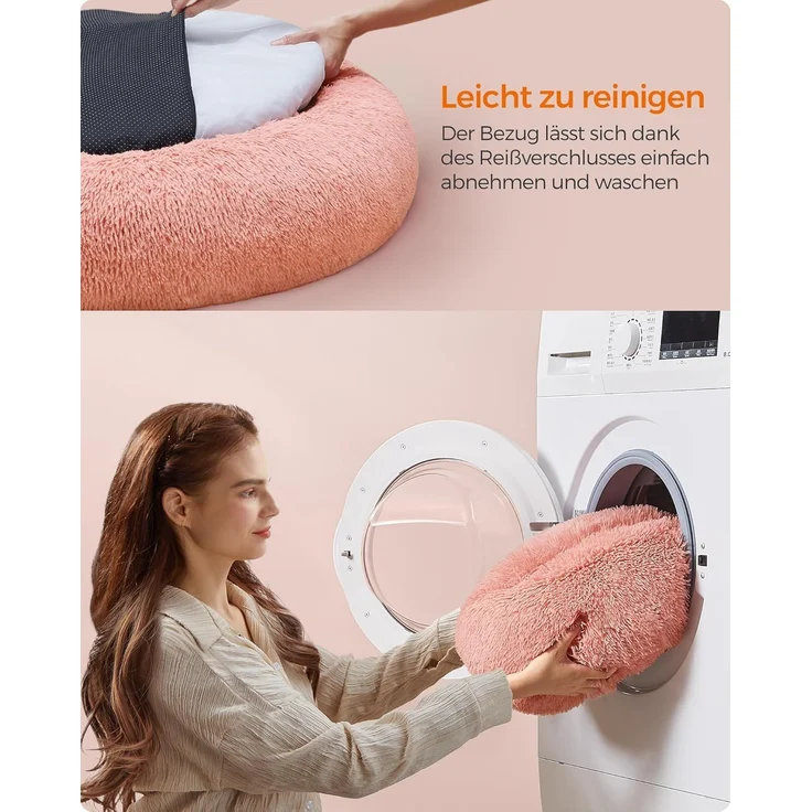 Feandrea Hundebett flauschig, Katzenbett, Donut Kissen, waschbar, Polsterung in der Mitte herausnehmbar, Langer Plüsch, 120 cm Durchmesser, rosa PGW043R01 – Bild 6