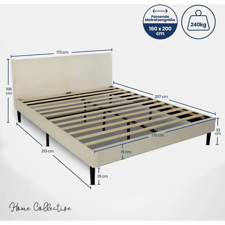Home Collective Polsterbett 140x200 und 160x200 cm mit Lattenrost und weichem Bezug, Bettgestell (Doppelbett mit gepolstertem Kopfteil, robustes Gestell, hoher Liegekomfort), 160x200 cm, Beige, Samtbezug – Bild 2