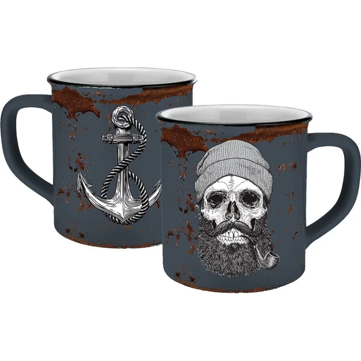 Geda Labels GmbH Tasse Sailor Skull Emaille-Optik, Keramik, Grau, 400 ml, spülmaschinengeeignet