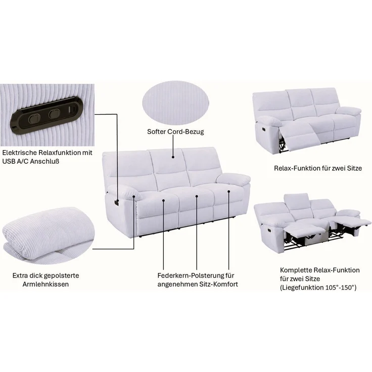 Home affaire 3-Sitzer LANNOY, manuelle o. elelektrische Relaxfunktion in 2 Sitzen, USB A/C, Elektrische Variante mit USB A/C. Federkern, Webstoff – Bild 3