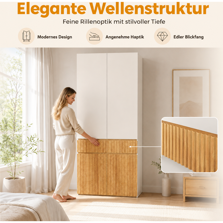 Kleiderschrank mit Kleiderstange & Schublade, 90x50x200 cm, Helle Eiche/Grau – Bild 9