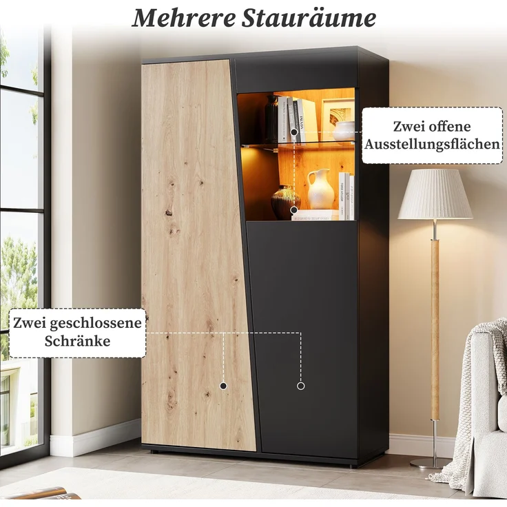 Vitrinenschrank mit LED, Design-Holztür, Glastrennwand Vitrine Schrank,Mehrere Staufächer, Hochschrank Sammlervitrine für Wohnzimmer, Büro, Flur, Schwarz & Holzfarbe,80x35x139.5cm--Schwarz + Natur--80x35x139.5cm--YOUDENOVA – Bild 7