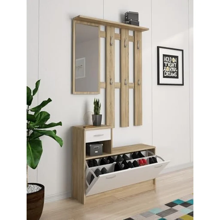 Dmora - Eingangsmöbel Clint, Moderner Eingangsbereich mit Spiegel, Schrank mit Schuhregal, Multifunktionsschrank, 100x25h180 cm, Weiß und Braun – Bild 8