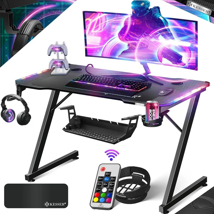 KESSER® Gaming Tisch LED | Z-Form Gamer Schreibtisch | Kopfhörerhaken & Kohlebeschichtung | Ergonomischer PC Computertisch | Stabiler Tisch mit Mauspad & Getränkehalter 120 x 60 cm, Schwarz Carbon mit LED – Bild 1