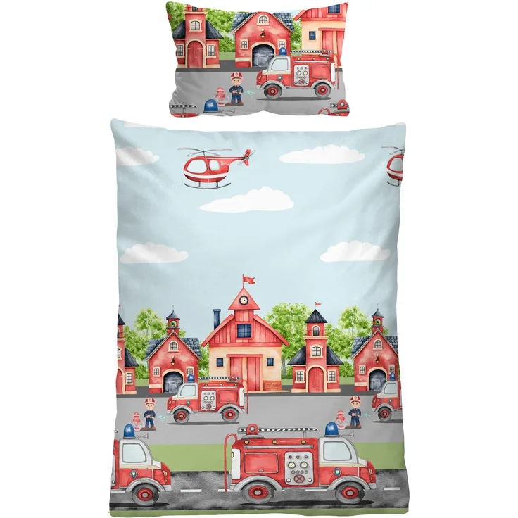 biberna Feinbiber Bettwäsche 0004523 FEUERWEHR, pistaziengrün, 1x 100x135 cm + 1x 40x60 cm