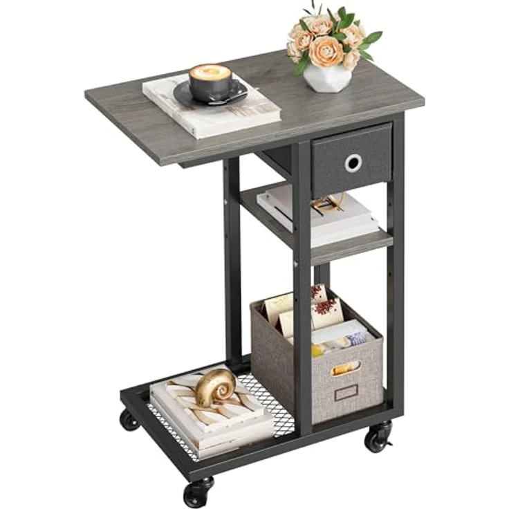YITAHOME Beistelltisch, C-Form Sofatisch mit Rollen und Schublade，Wohnzimmertisch für Kaffee und Laptop，für Wohnzimmer, Schlafzimmer，50 x 30 x 67cm, Grau – Bild 1