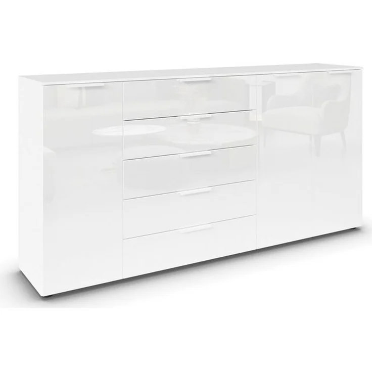 Rauch Möbel Flipp, Kombikommode, Kommode mit Stauraum für Wohnzimmer, Schlafzimmer, Flur, 4 Fachböden, Alpinweiß/Glasfront Weiß, 3-türig, Glastüren, 5 Schubkästen, Griffe weiß, 199 x 100 x 42 cm – Bild 4