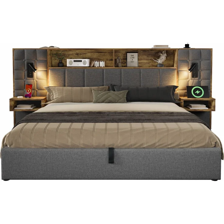 Polsterbett 160x200 mit Stauraum, Systembett Grau, LED & 2 Leselampen, 2 integr, Nachttische, USB Type-C Ladeport, Leinenstoff, inkl, Lattenrost, ohne Matratze – Bild 9
