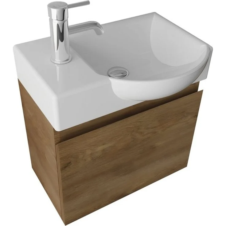 Alpenberger Badmöbel-Set - Gäste WC Waschbecken mit Unterschrank 45 cm Breit, (Badschrank 2-tlg, Waschtisch hängend), Waschbeckenunterschrank mit Softclose - Farbe Eiche - Rechts Becken – Bild 4