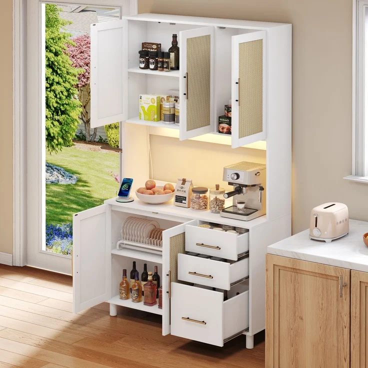 183cm Küchenanrichte, Buffet, App-gesteuerte LED-Deko-Lichter, 2 x USB, 2 x Steckdosen, verstellbare Einlegeböden, 3 Schubladen, goldene Metallgriffe, ideal für Küchen und Esszimmer. – Bild 9