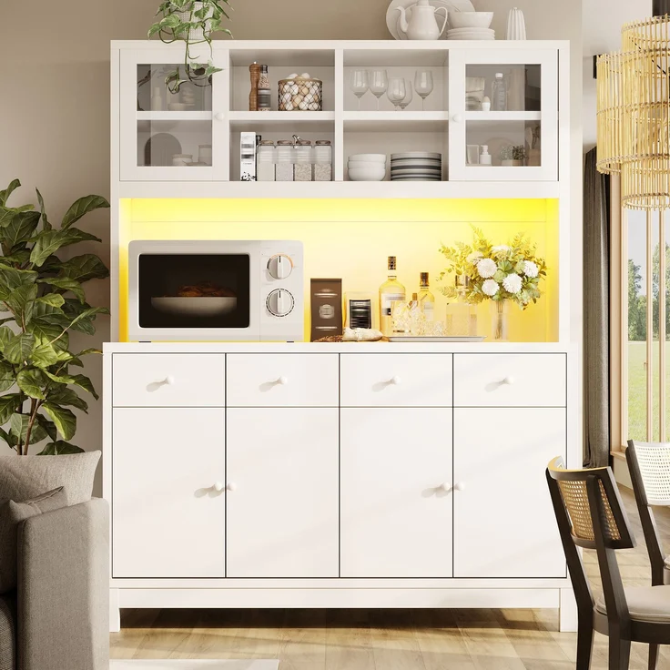 ZUBALIYA Hochbuffetschrank 140*38.5*180cm mit App-gesteuerter RGB-LED / verstellbare Einlegeböden, mit glastüren & 4 Schubladen und belastbar bis 100kg, Naturholz-Optik – Bild 24