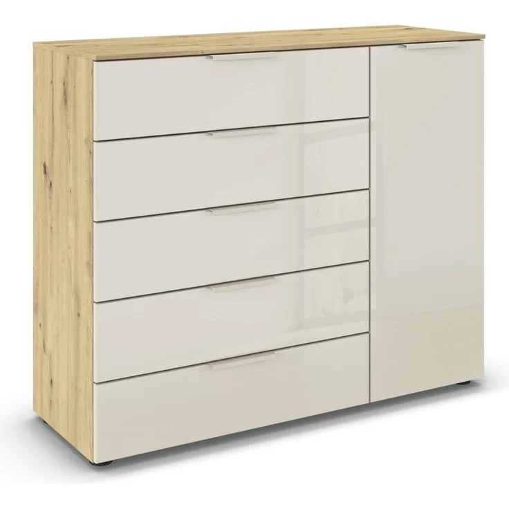 Rauch Möbel Flipp, Kommode für Schlafzimmer, Kinderzimmer, Wohnzimmer, Jugendzimmer, Flur, Garderobe, 1-türig, 5 Schubladen, mit Softclose-Funktion, Farbe Eiche Artisan, Holz/Glas Beige, Breite 120 cm – Bild 1