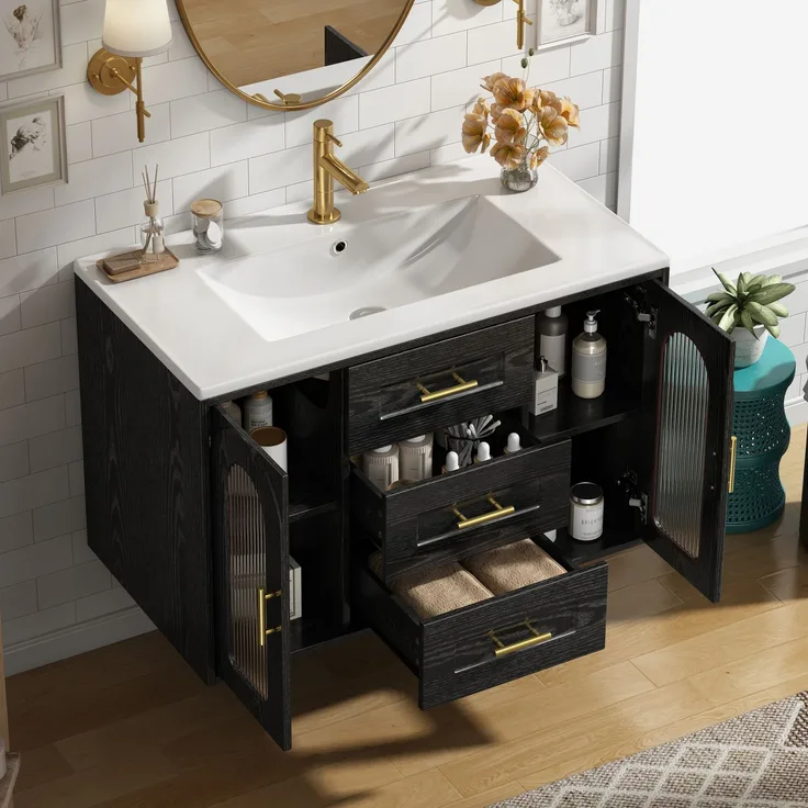 Waschtischschrank 76x46x55 cm Schwarz mit geriffelter Glastür, LED und Keramikwaschbecken