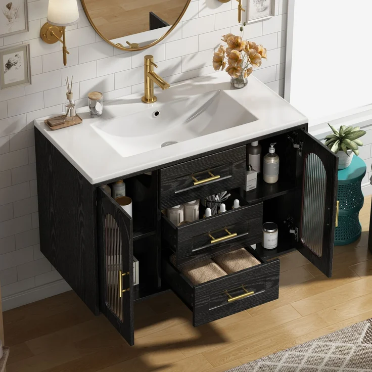 Waschtischschrank 76x46x55 cm Schwarz mit geriffelter Glastür, LED und Keramikwaschbecken – Bild 1