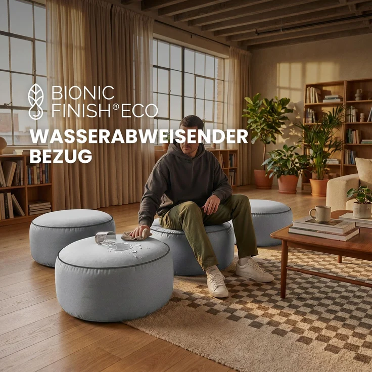 Sitzpouf - Indoor/Outdoor - Sitzkissen Ø54 cm x 26 cm - wasserabweisend ( Lotusblüteneffekt ) - Platzsparend / Innovativ - Innenkissen aufblasbar - Belastbar bis 100kg Hellgrau – Bild 5