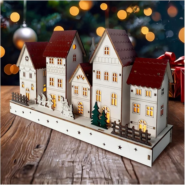 HTI-Living Batteriebetrieben LED Holz Weihnachtsdorf mit Wintermotiv – Bild 1