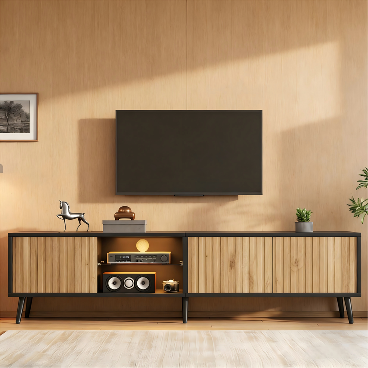 Merax 175cm LED-TV-Schrank für das Wohnzimmer, Naturholzfarbe + Schwarz, lowboard mit 6 Stützbeinen, Schrank aus gehärtetem Glas, 3 Schränke für viel Stauraum, Geeignet für 75-Zoll – Bild 2