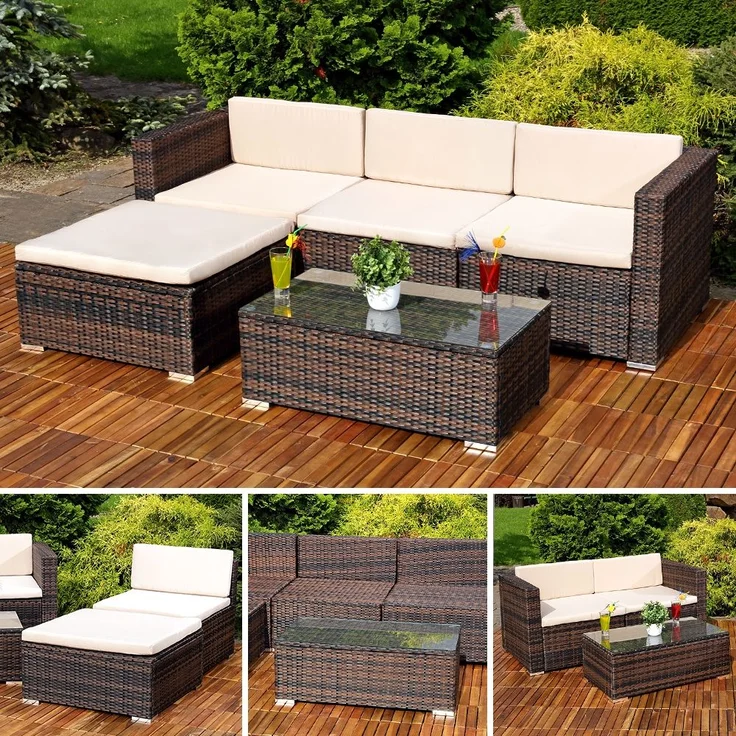 Gartenmöbel 5tlg. Sitzgruppe Sofa Lounge Polyrattan Essgarnitur Sitzkissen braun – Bild 12
