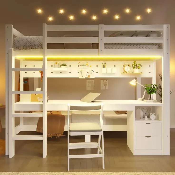 Etagenbett mit Schreibtisch, LED-Beleuchtung, Lattenrost, Wandgitter, Schubladen, Rausfallschutz, Trittleiter und Regal, 140x200 cm/90x200 cm, Kinderbett, Kiefer