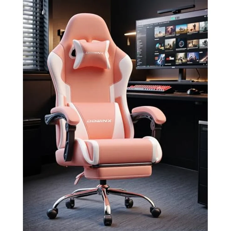 Dowinx Gaming Stuhl Bürostuhl Massage Gaming Sessel mit höhenverstellbaren Linkage-Armlehnen, ergonomischer Gamer Stuhl mit Fußstütze, gepolstert Gaming Chair 150° neigbar bis 180 kg, Rosa – Bild 3