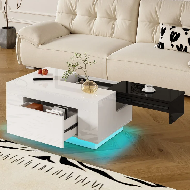 Merax Hochglanz-Couchtisch mit LED-Beleuchtung, ausziehbarer Tischplatte, verstecktem Stauraum und 16-farbig einstellbarem Lichtband, weiß – Bild 6