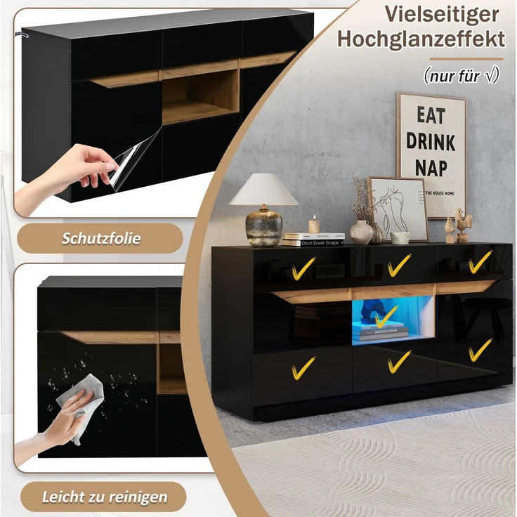 DESVIAE Sideboard mit 4 Schubladen und LED-Beleuchtung 140x70x40 cm Spanplatte Schwarz/Naturholz – Bild 6