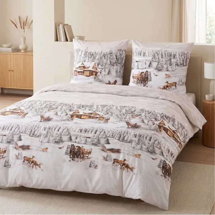 LINKHOFF Bettwäsche Biber Bettwäsche 135x200 + 80x80 cm 2tlg. – Wintermotiv Schneeweiß, 100% Baumwolle – Weihnachtsbettwäsche Feinbiber mit Reißverschluss