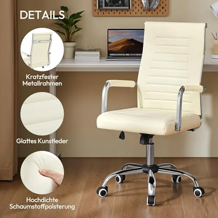 Yaheetech Bürostuhl ergonomischer Schreibtischstuhl mit Armlehnen, Chefsessel Computerstuhl hoher Rückenlehne, Arbeitsstuhl mit Wippfunktion bis 136 kg Belastbar Beige – Bild 6
