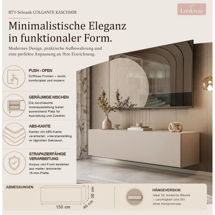 Lookway TV-Schrank COLGANTE 150 cm KASCHMIR Hängeschrank mit Led Beluchtung (1x TV-Schrank) 150x40x36 cm – Bild 3