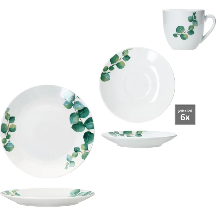 18tlg Kaffeeservice Eukalyptus Porzellan 6 Personen Tassen Untertassen Teller – Bild 4