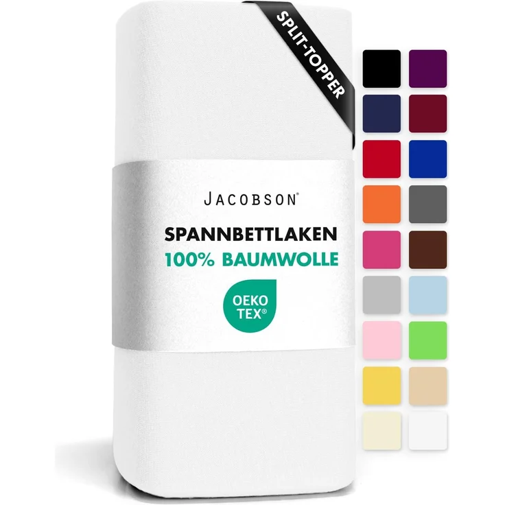 Jacobson Jersey Spannbettlaken Baumwolle Bettlaken (Split-Topper 180x200-200x200 cm, Weiss)