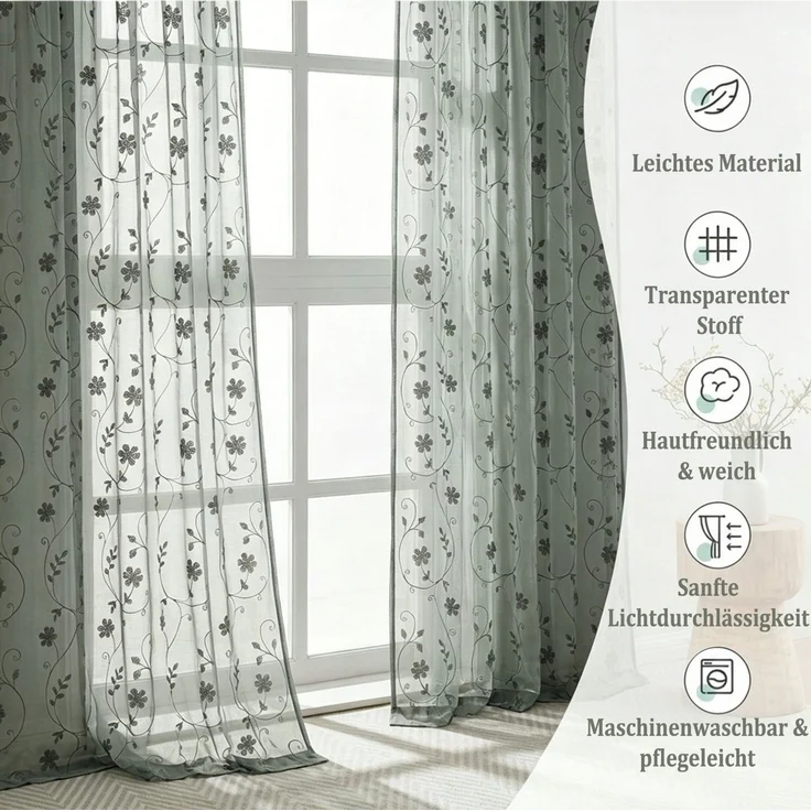 Agger Vorhang Leinen Voile Vorhänge, halbtransparente Blumenvorhänge, Blätter-Stickerei Vorhänge, geeignet für Schlafzimmer und Wohnzimmer – Bild 2