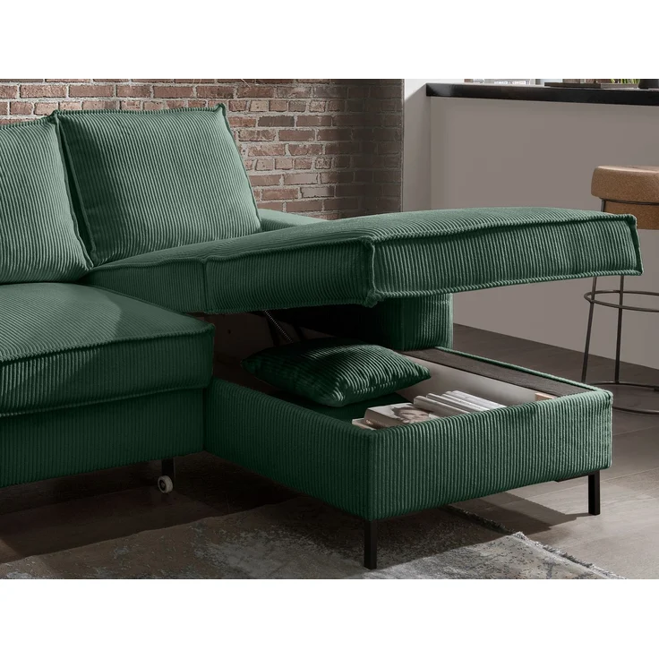 Ecksofa Récamiere Schlaffunktion Bettkasten Couch Polsterecke in Cord Grün – Bild 7