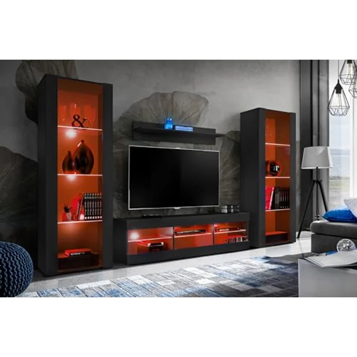 Komodee Wohnzimmerset Tivoli Grande, Schwarz, 9 Fächer, Holzwerkstoff, Rechteckig, 250x159x35 cm – Bild 1