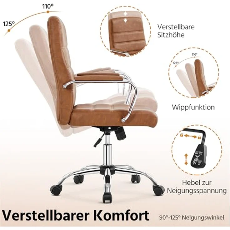 Yaheetech Bürostuhl ergonomischer Schreibtischstuhl, Drehstuhl mit Rollen, Bürohocker mit Armlehnen, Arbeitsstuhl mit Rückenlehne, Chefsessel Belastbar bis 130kg, Rostbraun – Bild 7