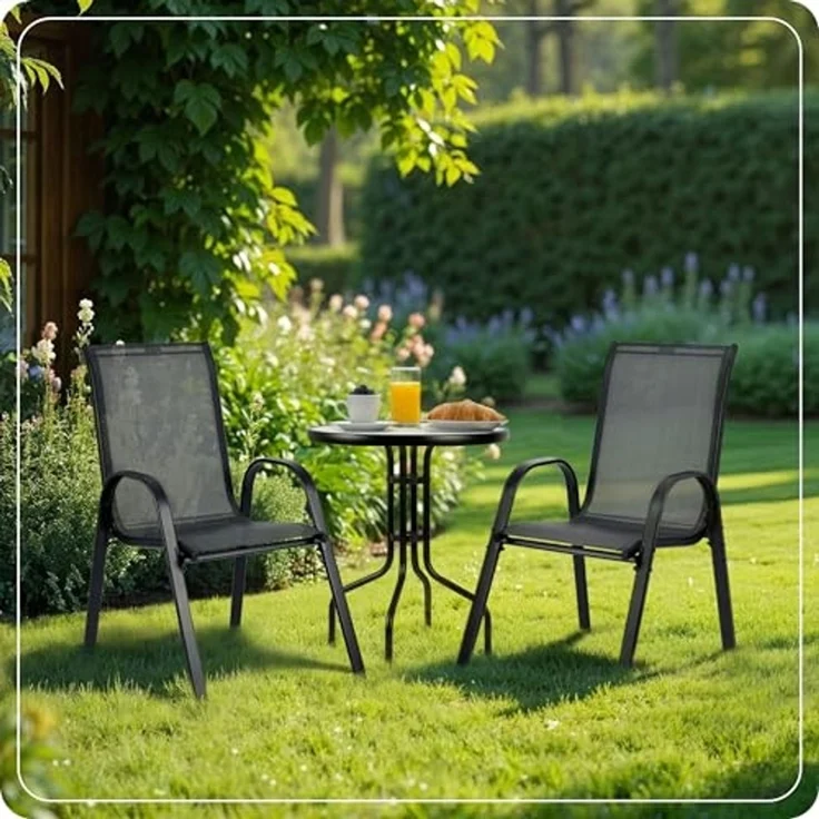 Sofotel Gartentisch Balkontisch Rund Stahl Pulverbeschichtet Glas Gehärtet Metall Schwarz – Bild 2